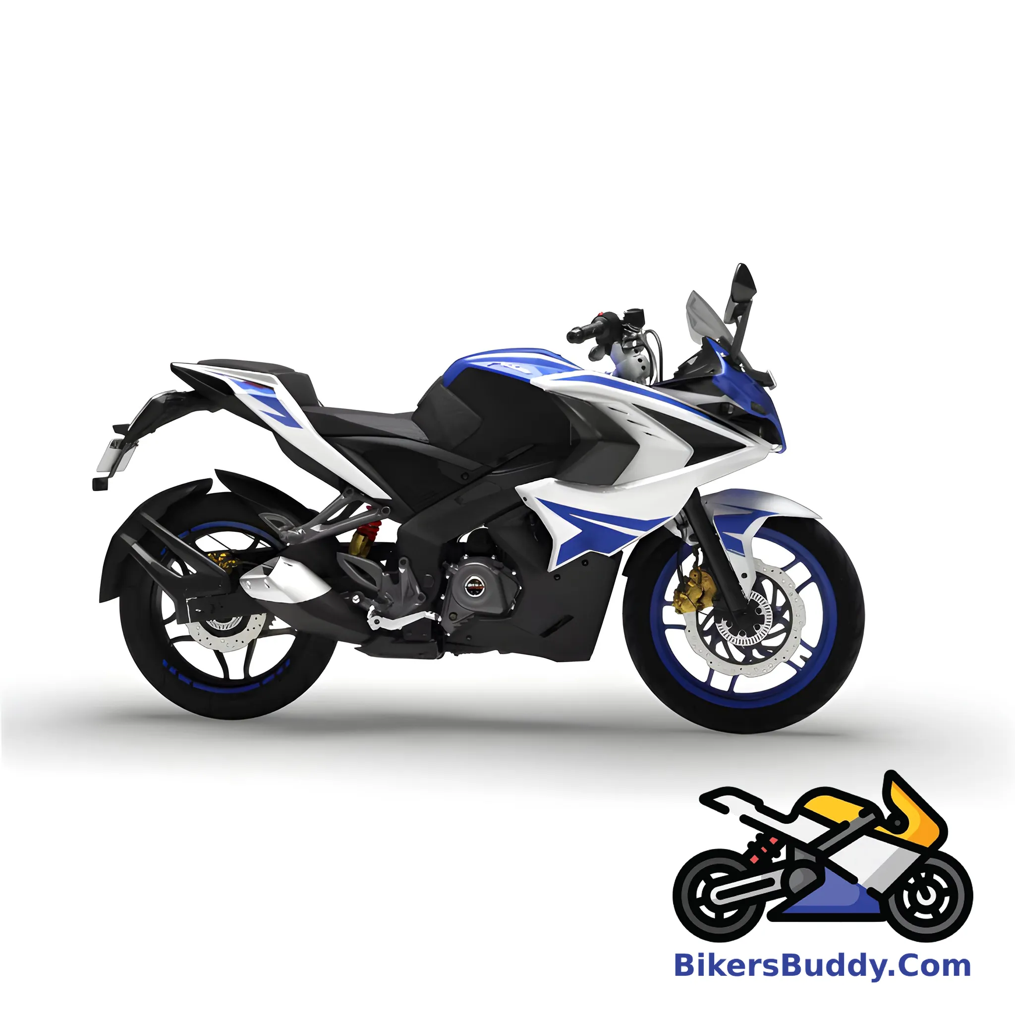 White and Blue Bajaj Pulsar RS400